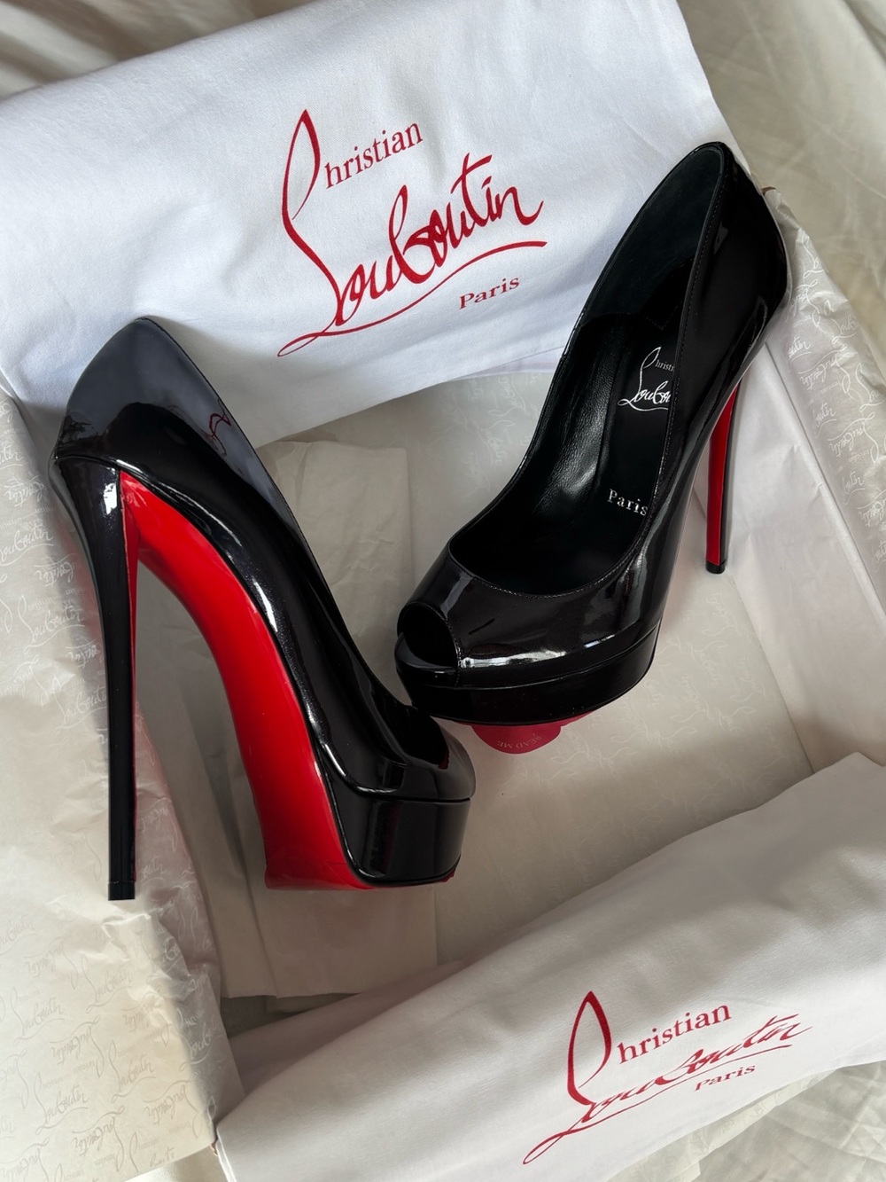 STUNNING Christian Louboutin Black Patent Peep-Toe Platform Pumps with Red Soles